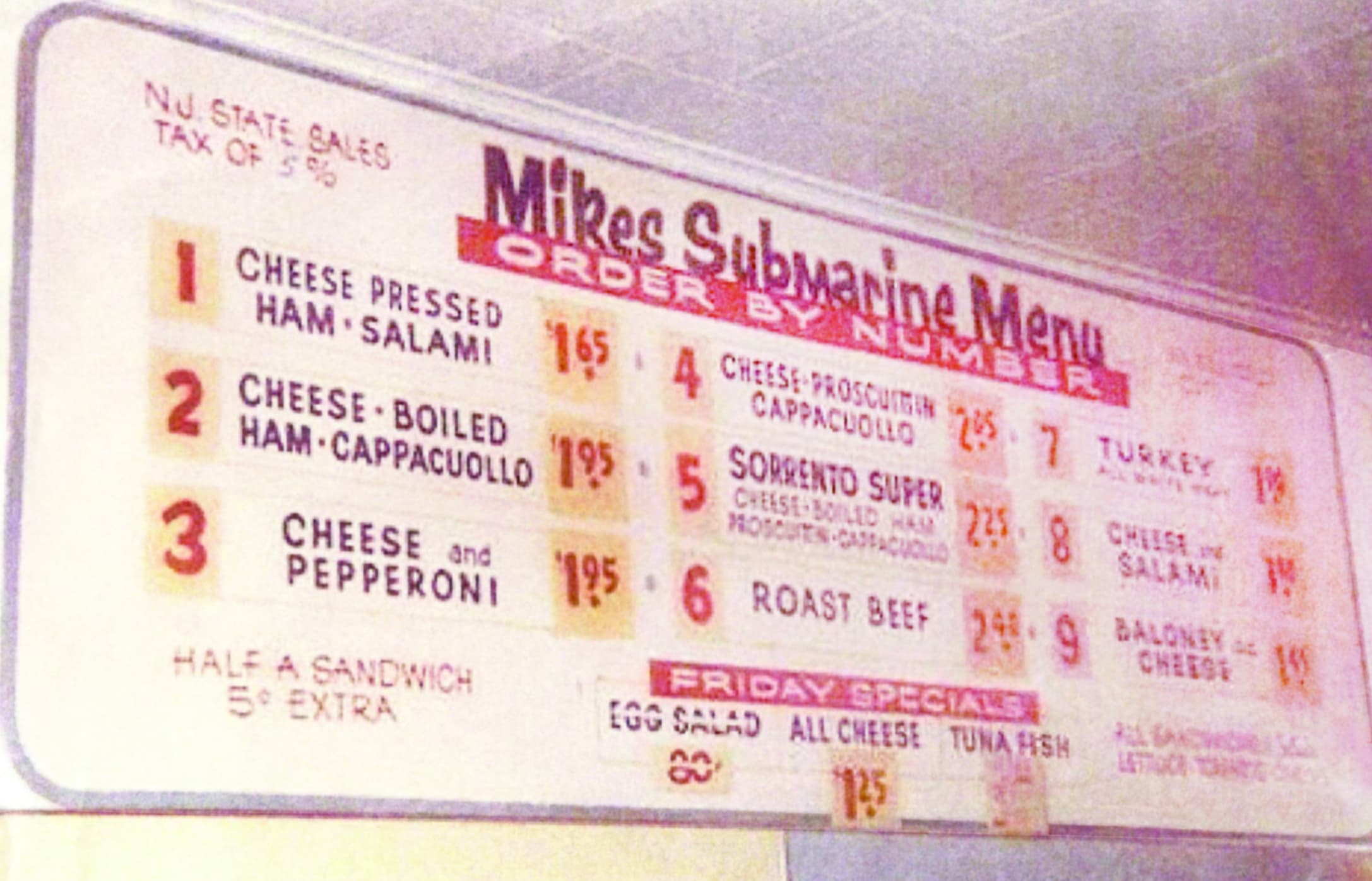 ticket - Nu State Sales Tax Of 5% Mikes Submarine Meny Order B Cheese Pressed Umber Cheese Proscuitin Cappacuollo Sorrento Super 255 7 Turkey 19 1955 CheeseBoiled Had 2358 Ham Salami 165 4 2 Cheese Boiled Ham Cappacuollo 1955 3 and ProscutnCapacul Chepero